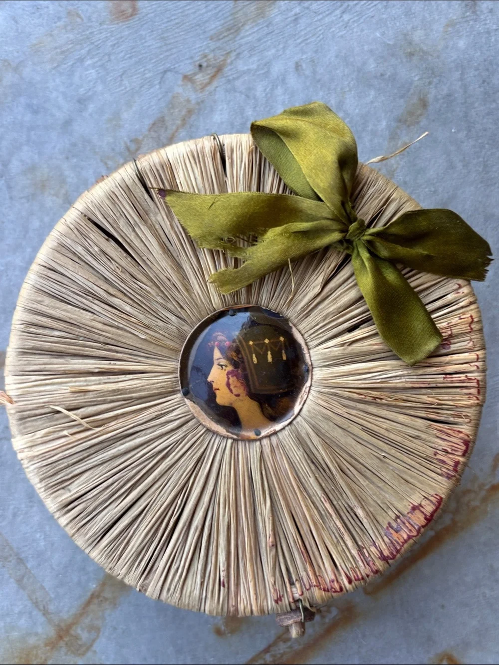 Vintage Raffia Round Trinket Sewing Box with Portrait Medallion